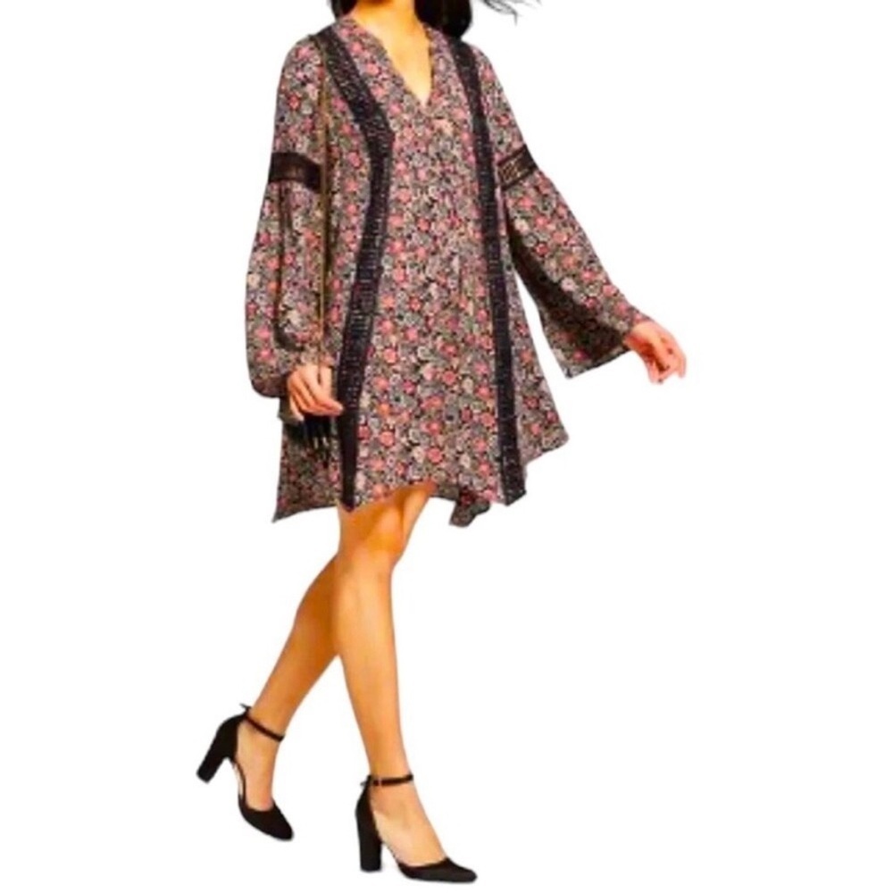 Knox Rose Floral Bell Long Sleeve Short Dress Tunic Women L Boho Hippie Crochet